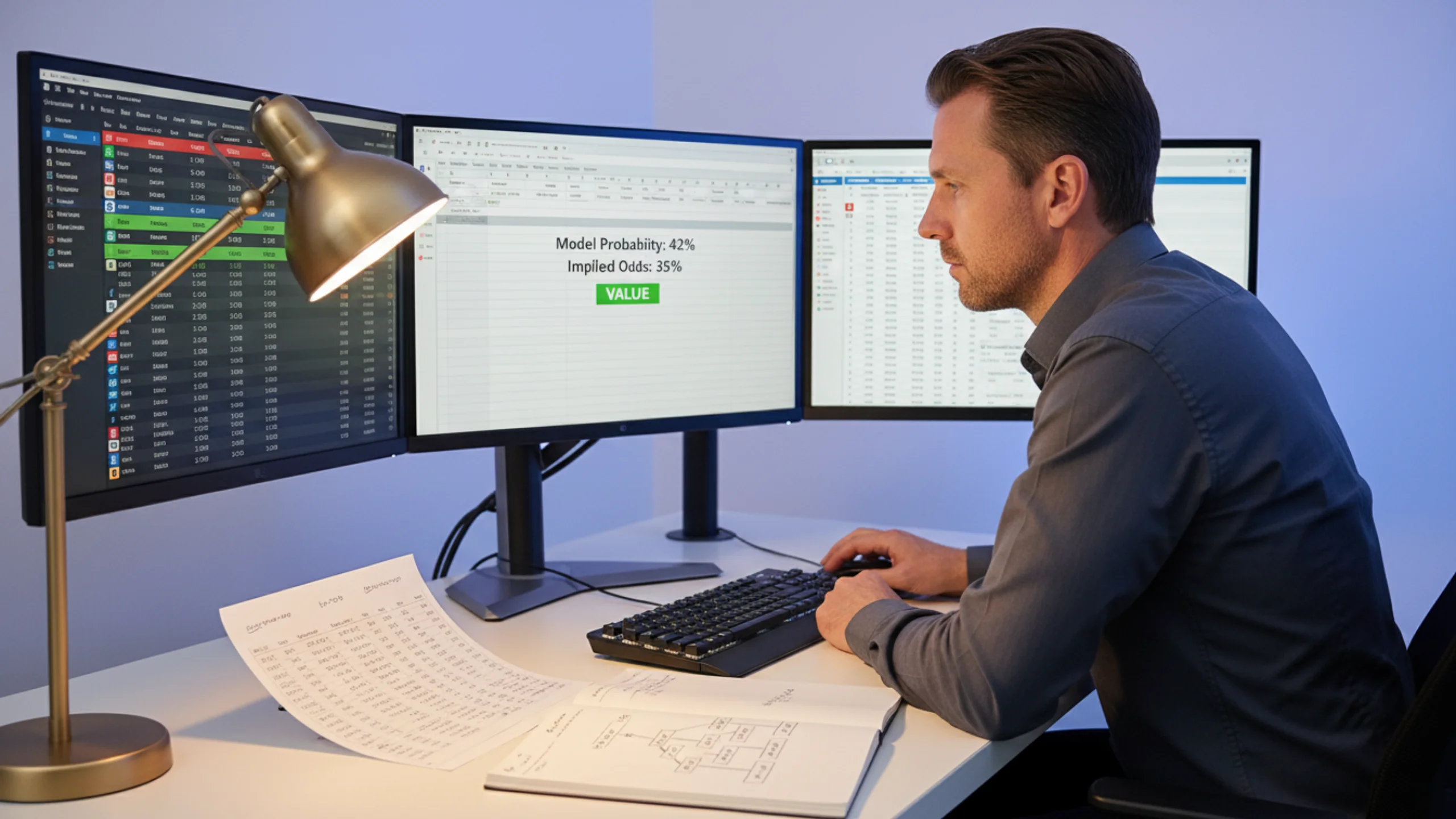 Professional bettor at triple-monitor workstation analyzing probability models comparing calculated values to market odds