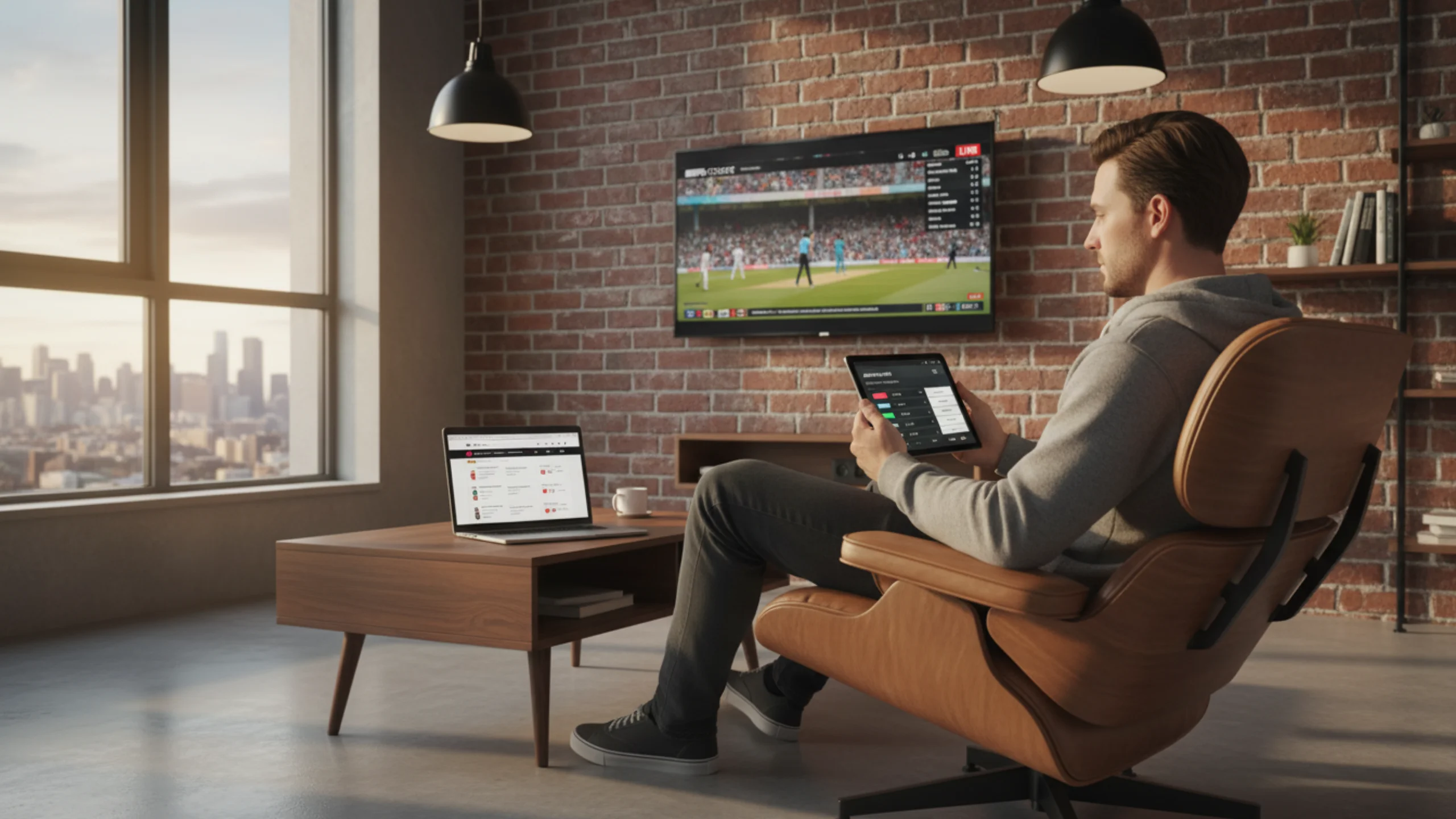 American sports bettor viewing cricket betting app with American odds format on tablet in modern apartment