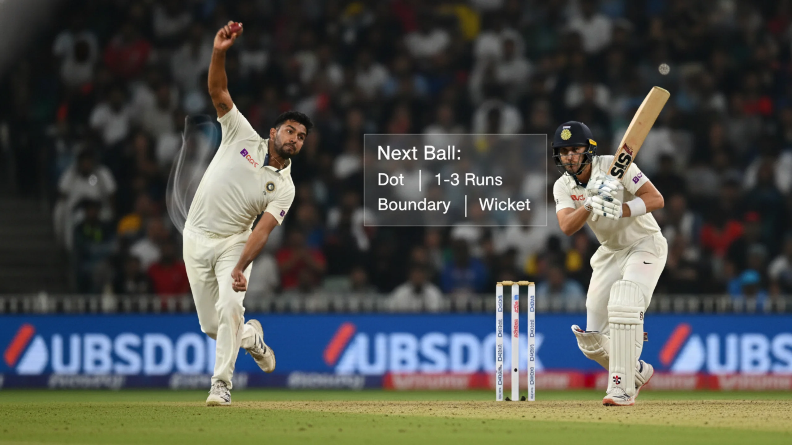 Cricket bowler mid-delivery with batsman ready at crease showing ball-by-ball betting moment