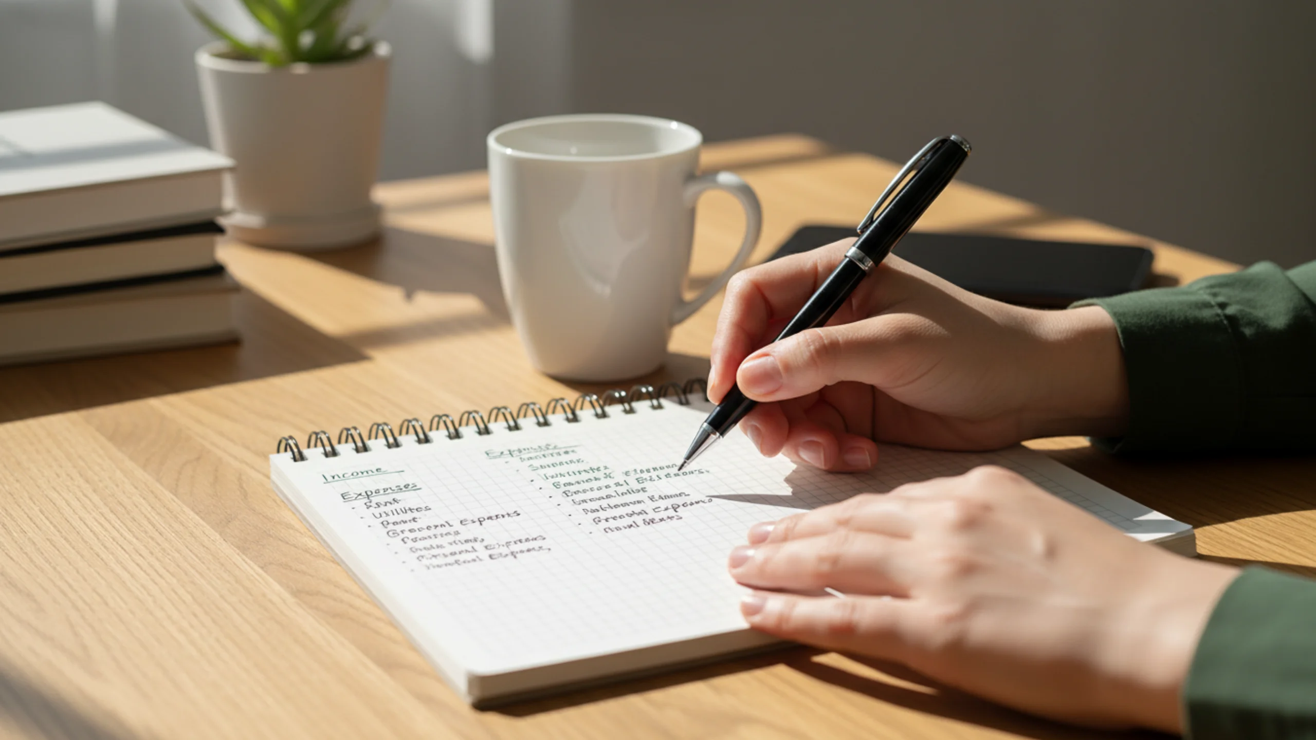 Person planning betting budget with pen and notebook at desk