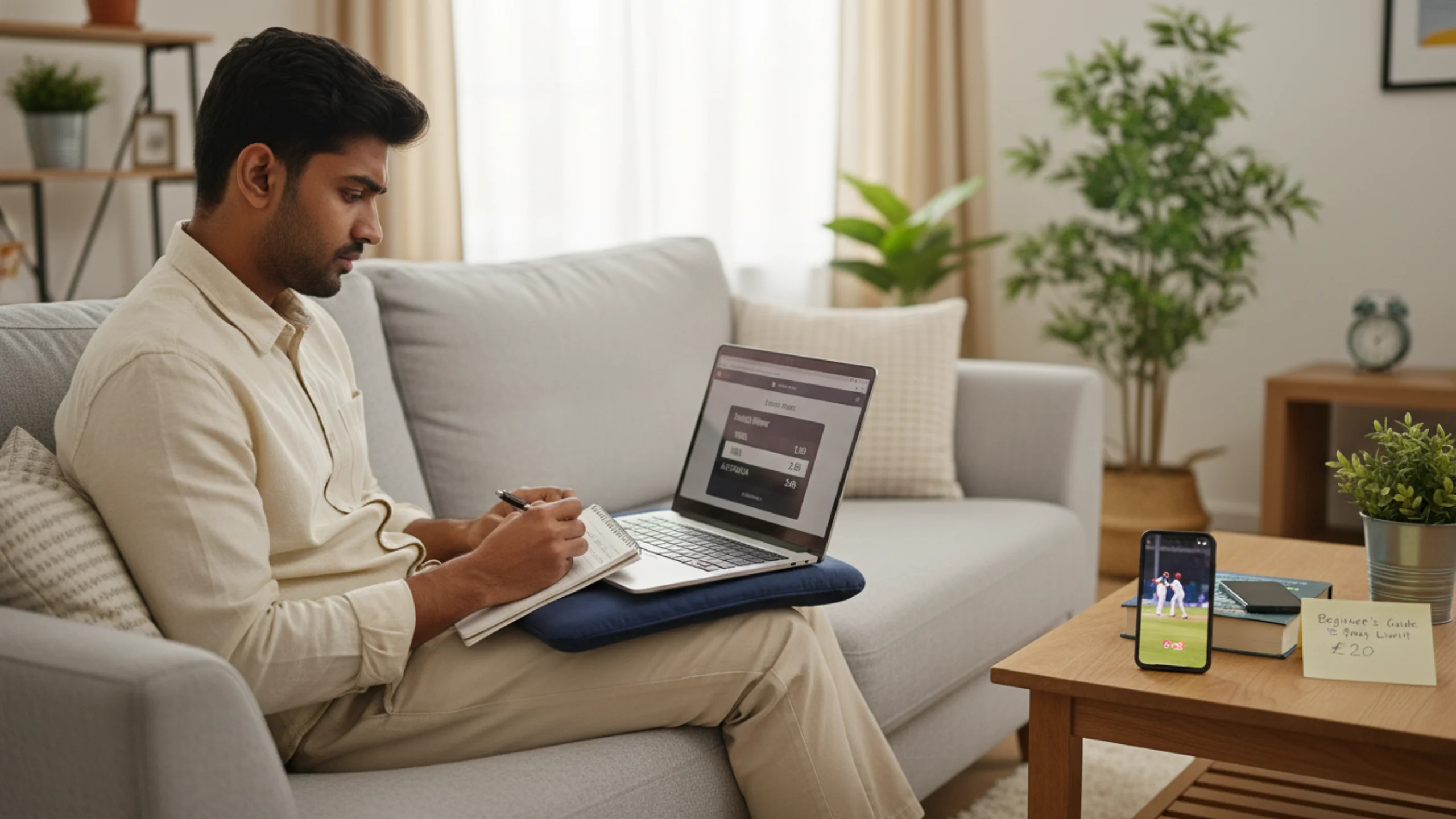 Young adult learning cricket betting basics on laptop while taking notes in notebook at home