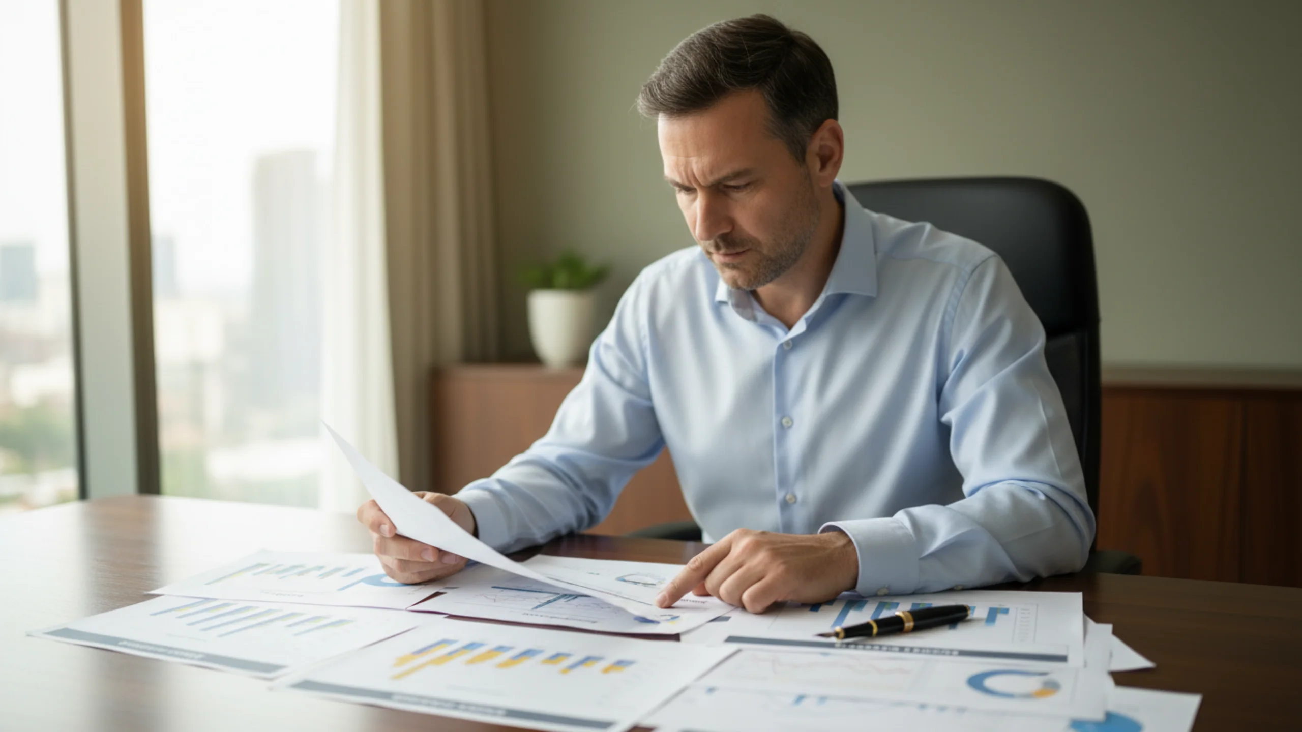 Businessman reviewing financial documents showing risk management approach