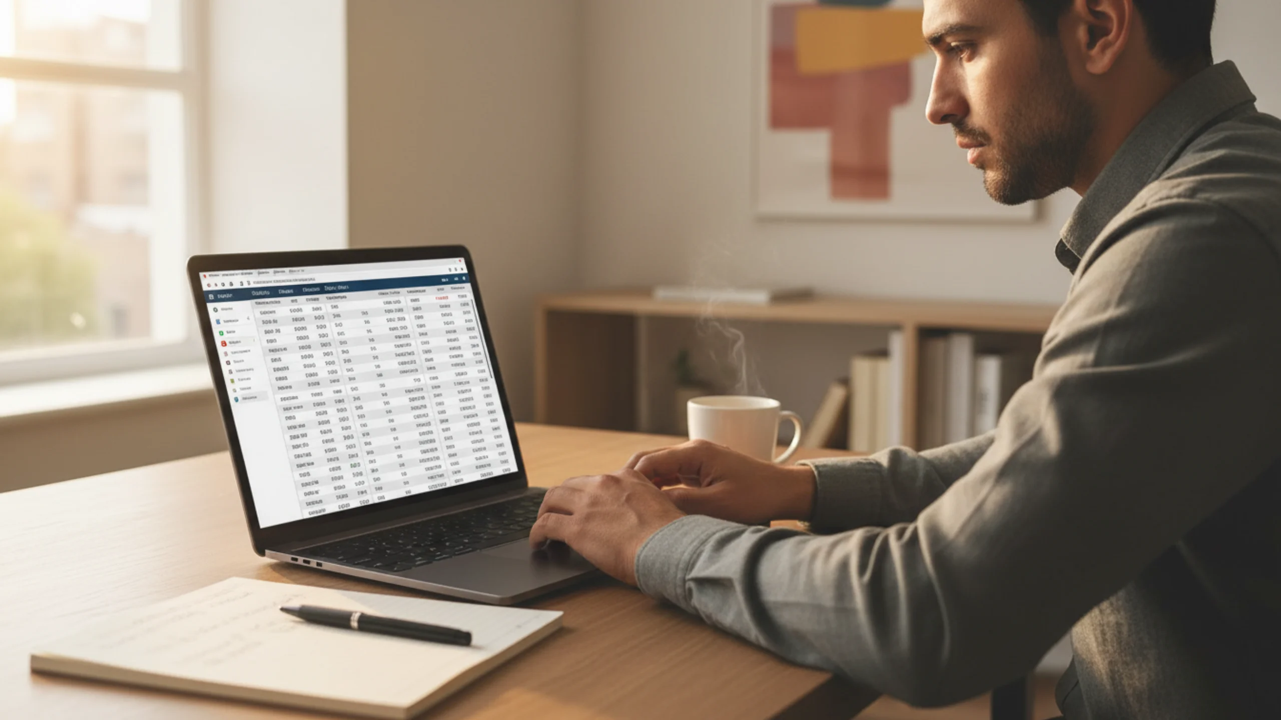 Person analyzing cricket match statistics on laptop in a modern home office with notepad and coffee, representing strategic betting research