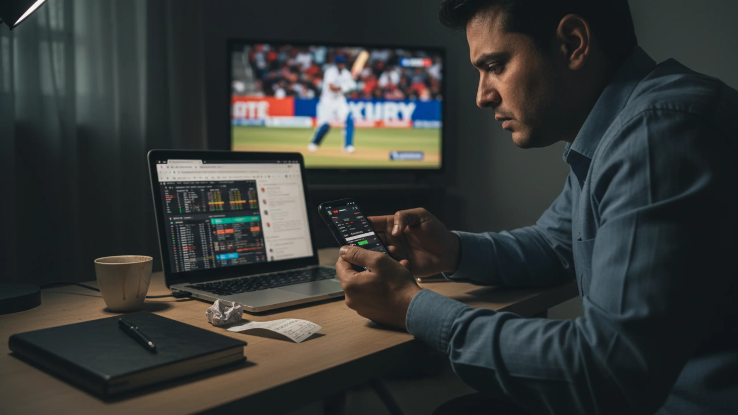 Tense bettor making impulsive large stake bet on phone while ignoring notebook and showing signs of poor discipline