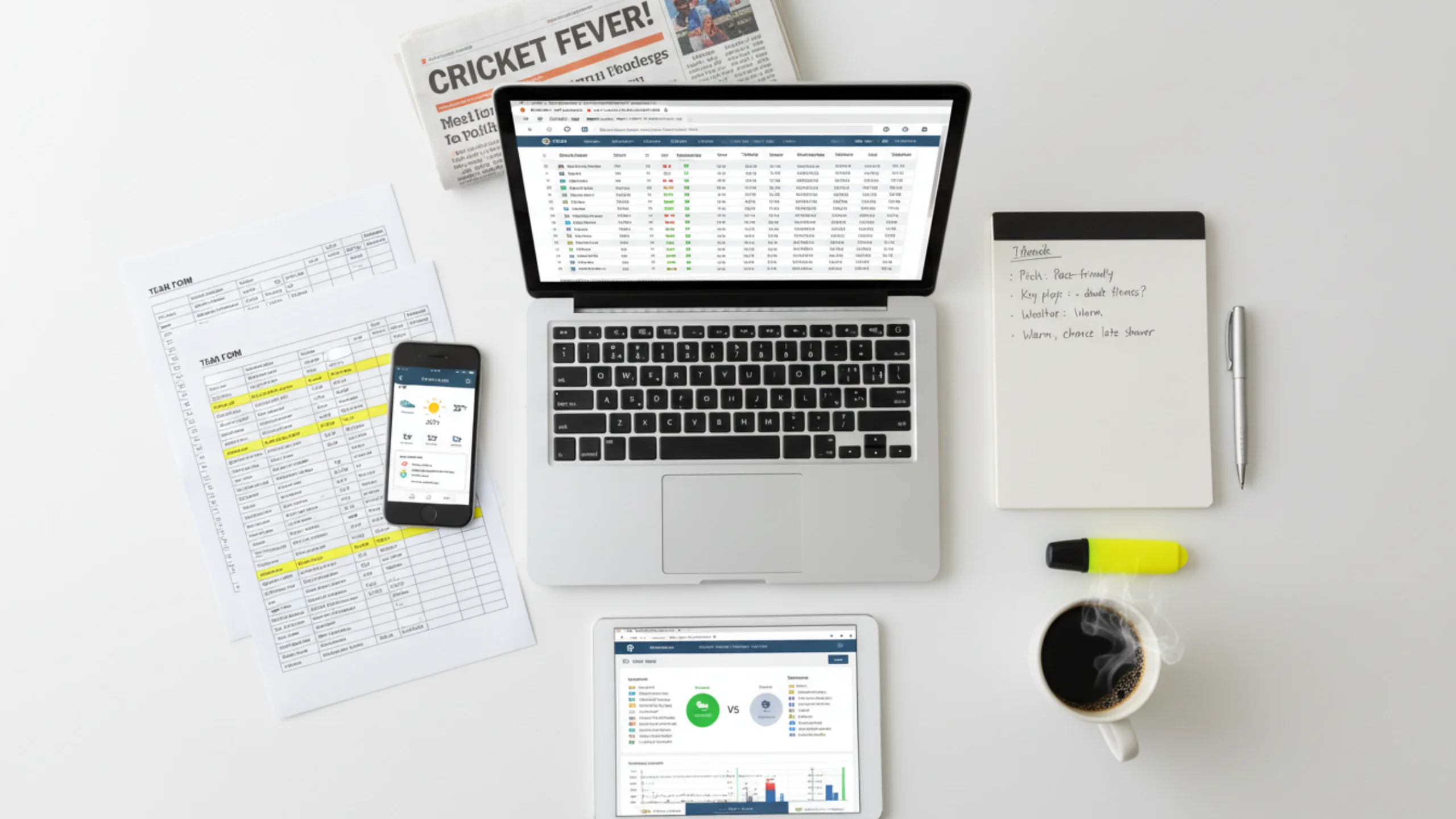 Top-down view of organized cricket betting research materials including laptop with statistics, notebooks, and team sheets