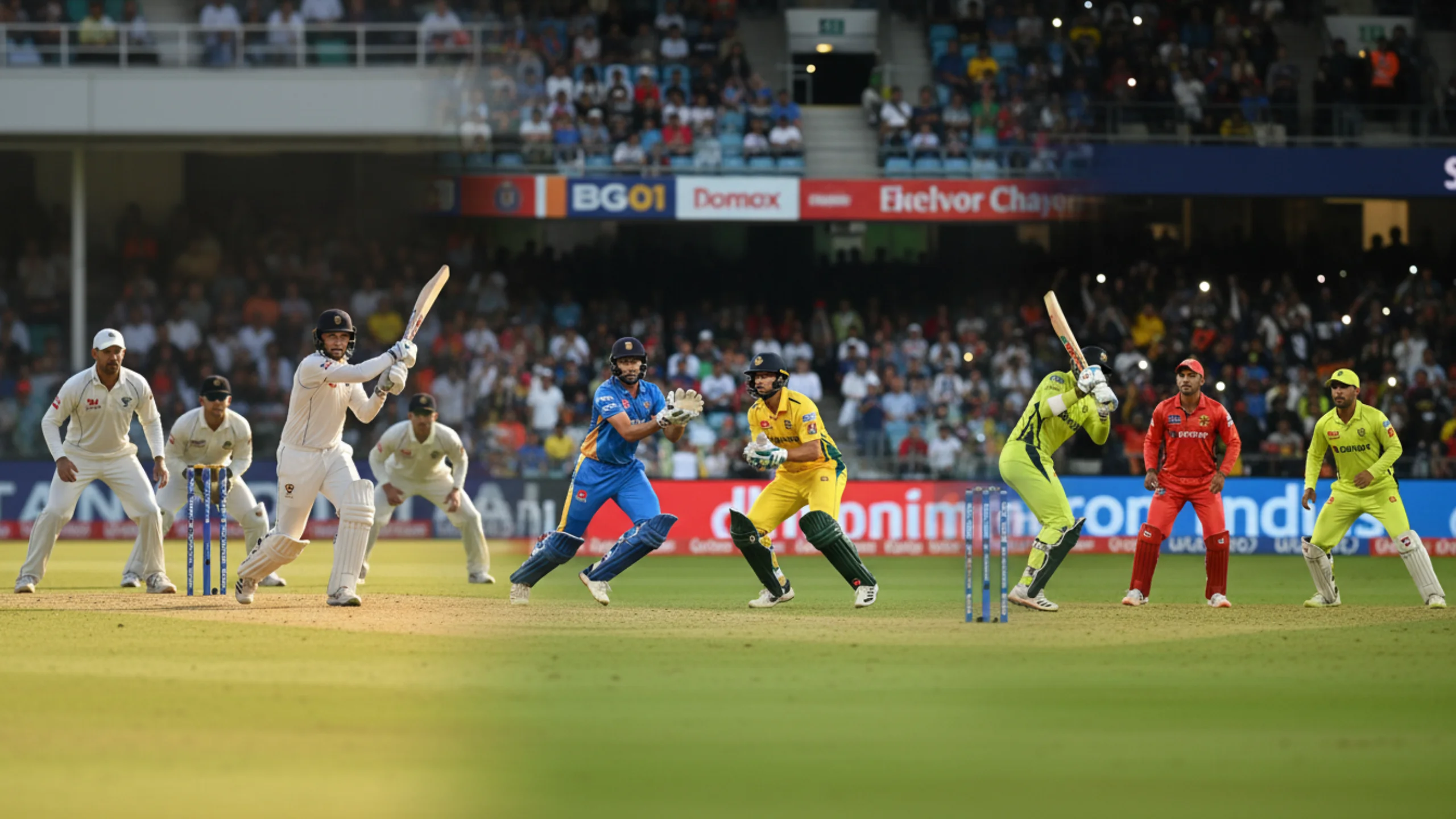 Visual comparison of three cricket formats showing Test match in white uniforms, ODI with colored team kits, and T20 under stadium floodlights