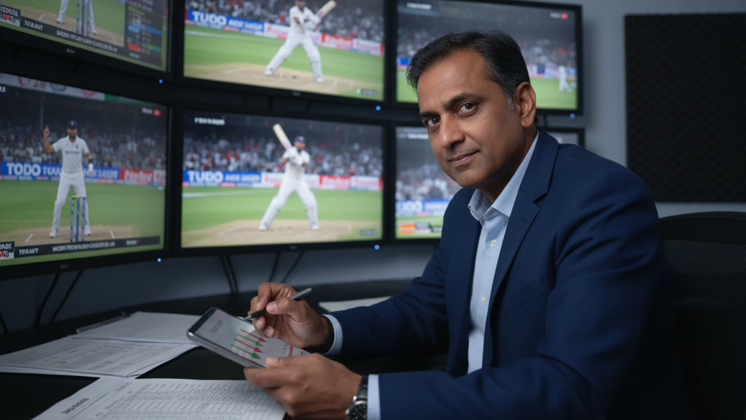 Cricket analyst studying multiple match footage screens in broadcast room identifying momentum shifts