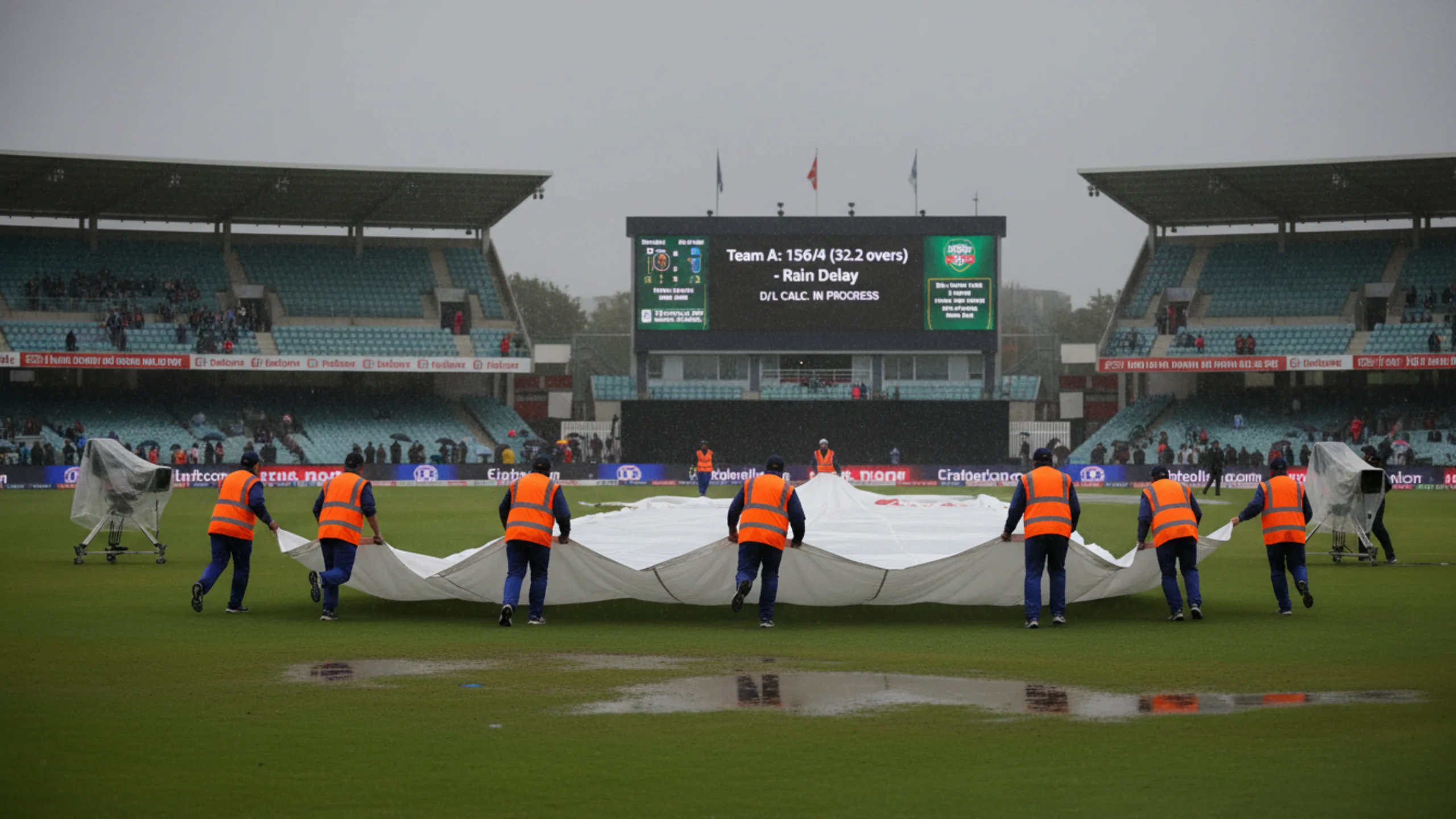 Ground staff pulling rain covers over cricket pitch during ODI match delay with scoreboard showing