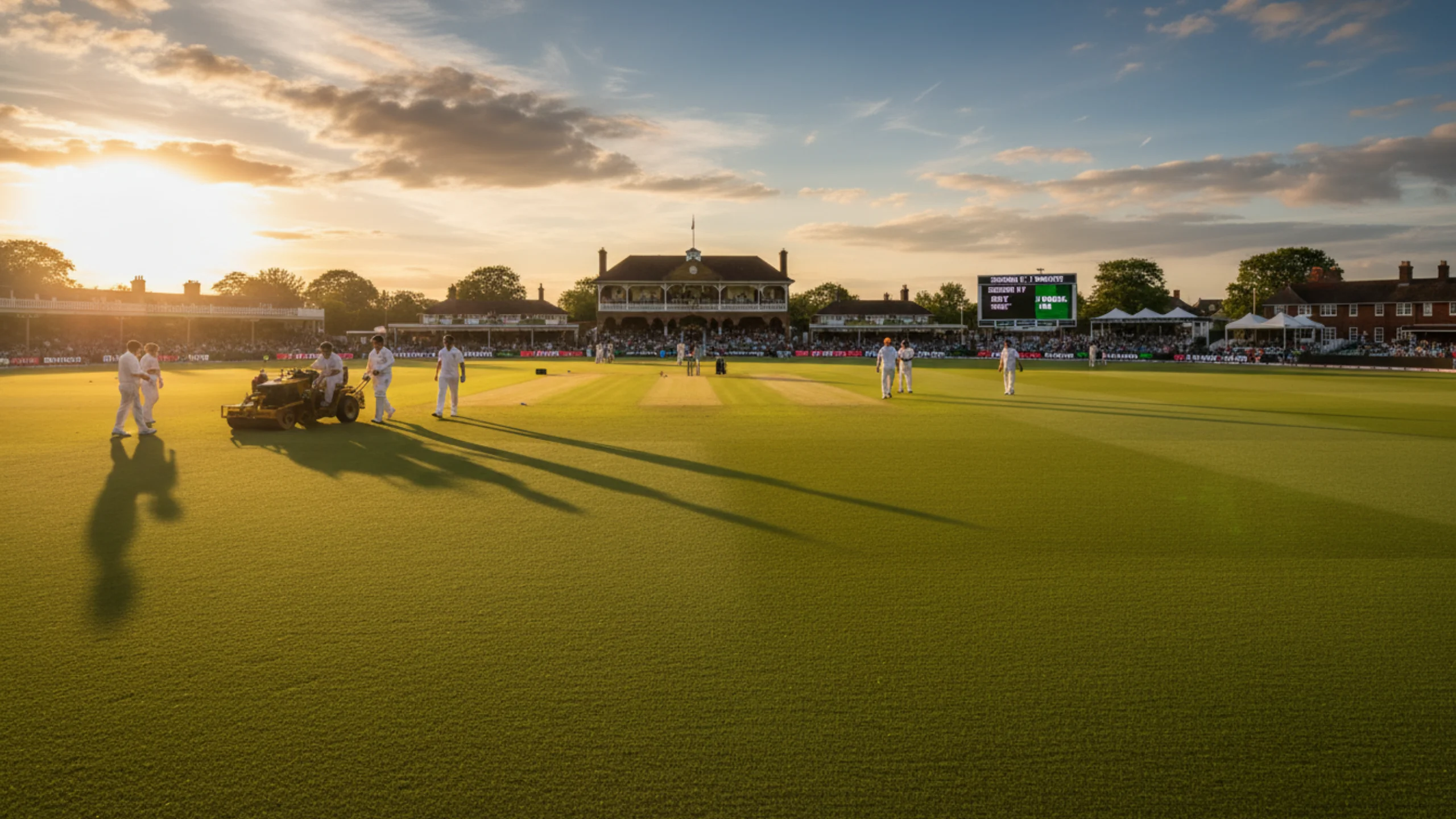 Test cricket ground during session break with players walking off and scoreboard showing session statistics