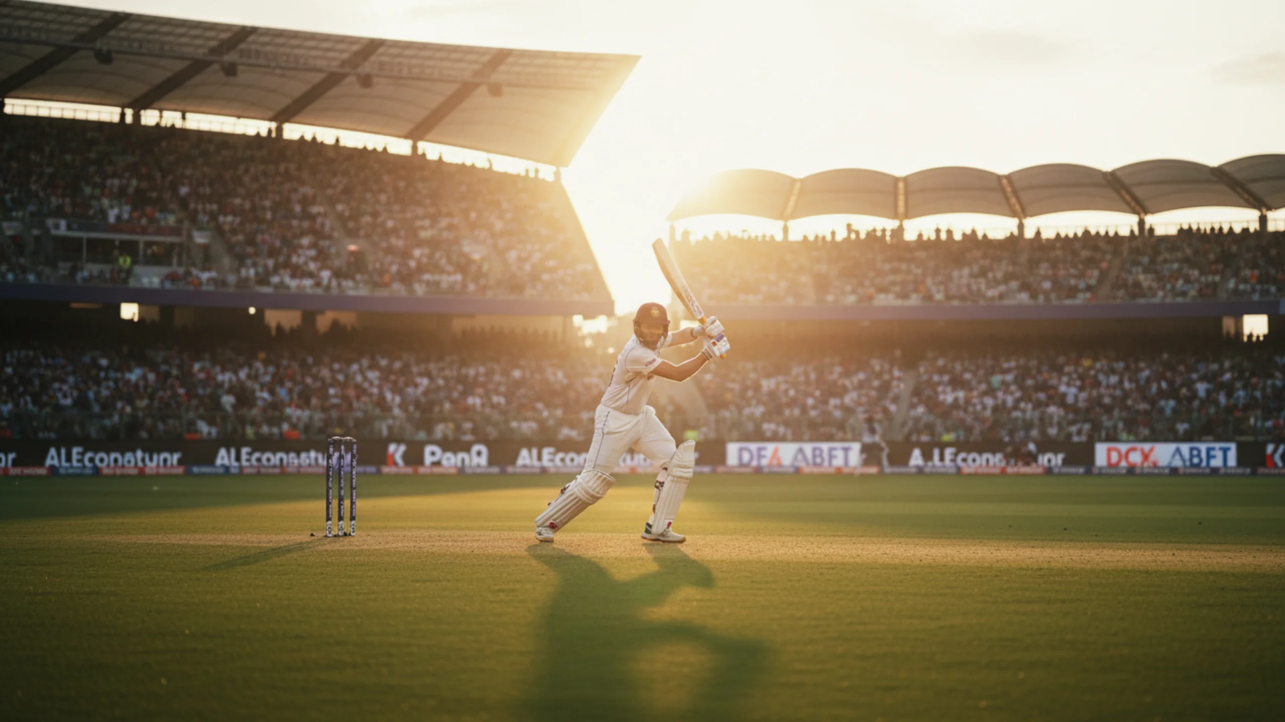 Dramatic cricket stadium scene during a high-stakes match at golden hour with a batsman ready to strike and an engaged crowd in the background