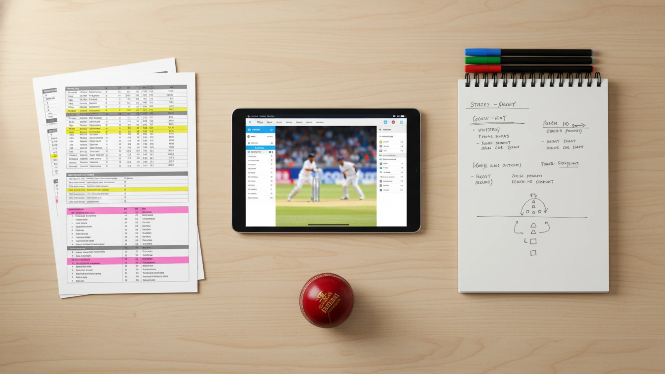 Overhead view of a strategic planning workspace with tablet showing cricket statistics, printed team sheets, notebook with strategy notes, and a cricket ball