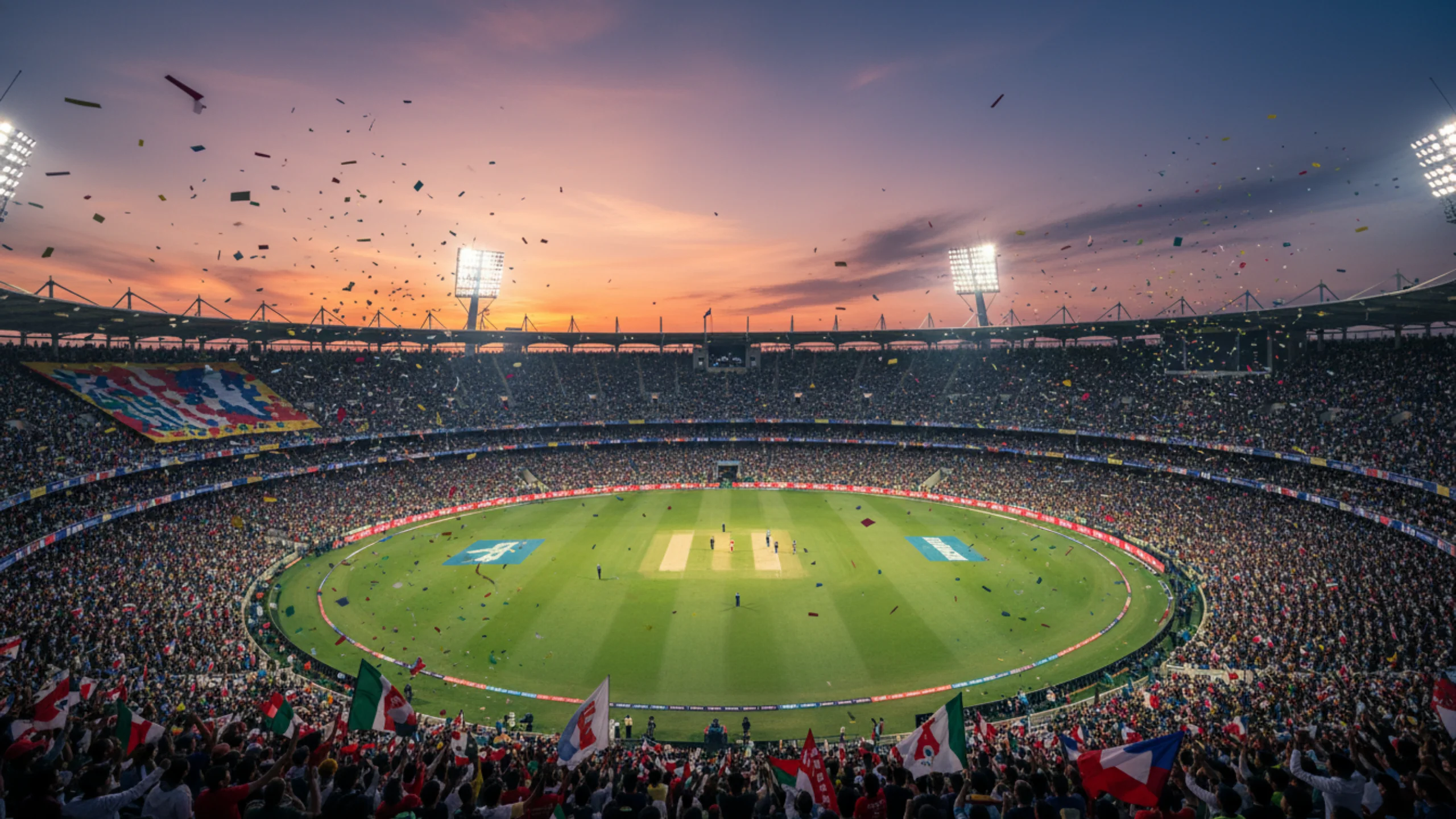 Cinematic view of a packed cricket stadium at twilight during a major tournament with fans holding colorful flags, confetti in the air, and dramatic stadium lighting