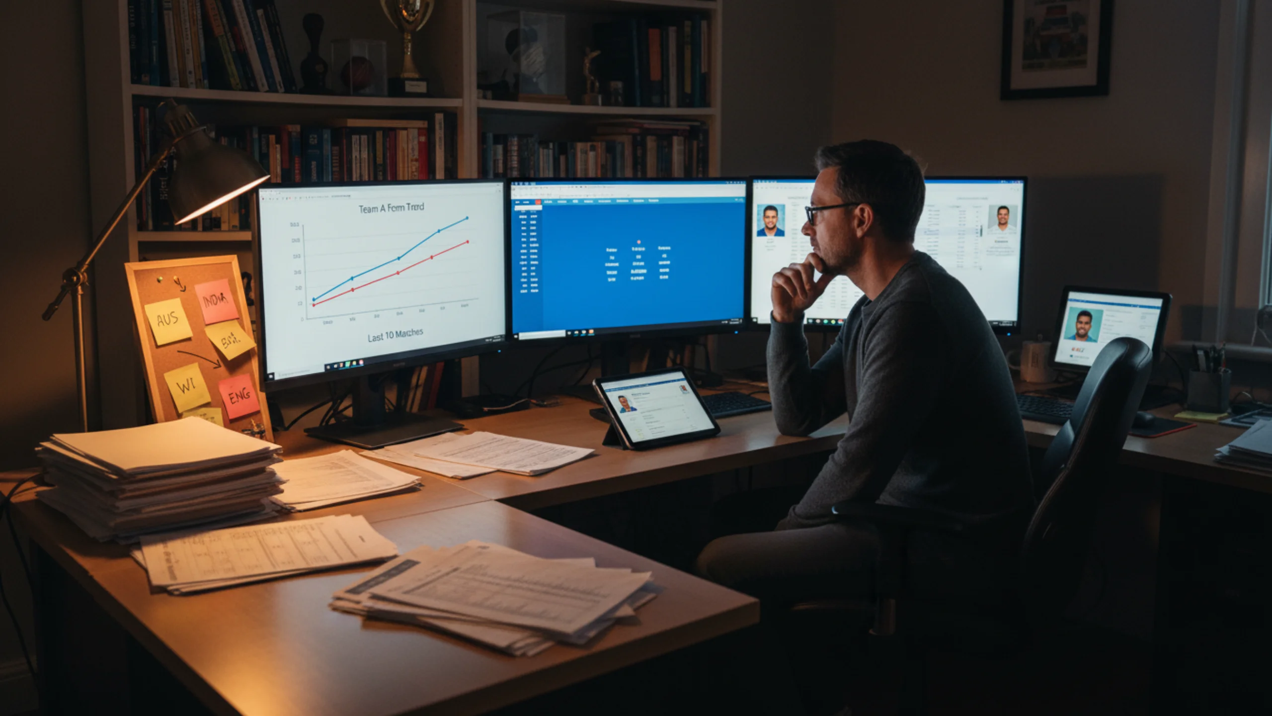 Cricket analyst researching team statistics and player performance data in professional home study