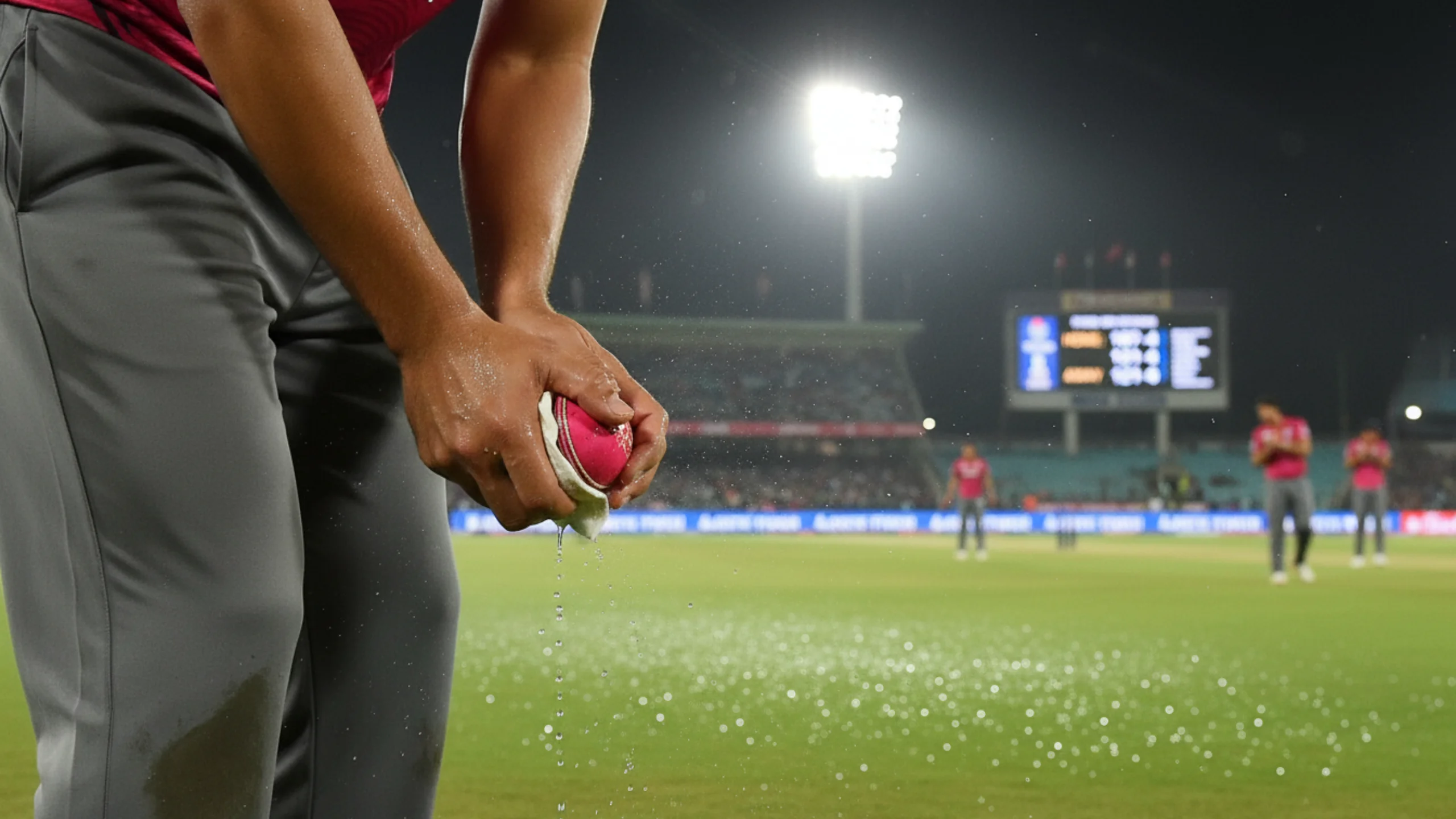 Bowler struggling to grip dew-covered pink cricket ball under floodlights at night cricket match