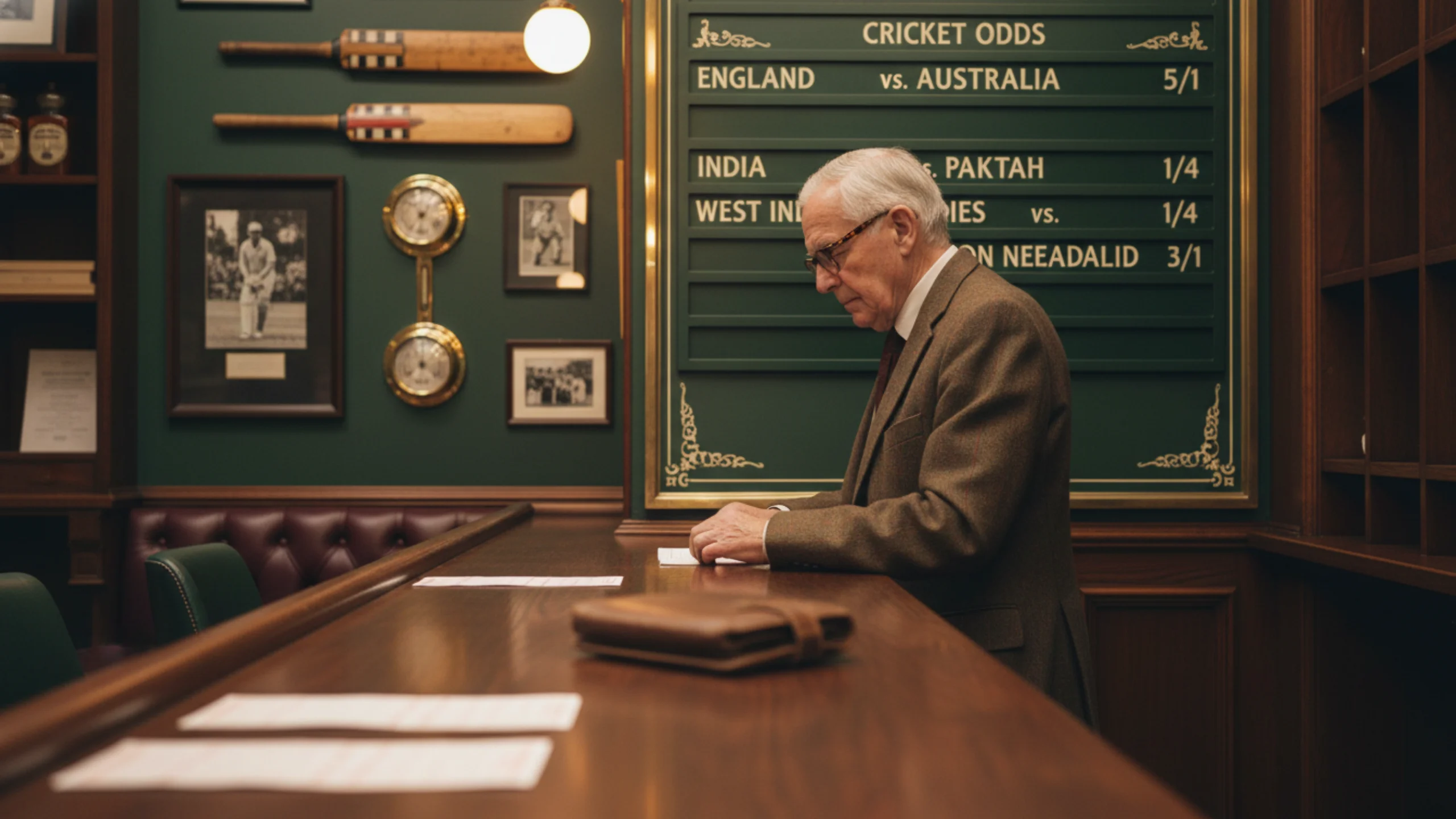 Traditional British betting shop atmosphere with gentleman studying fractional cricket odds board