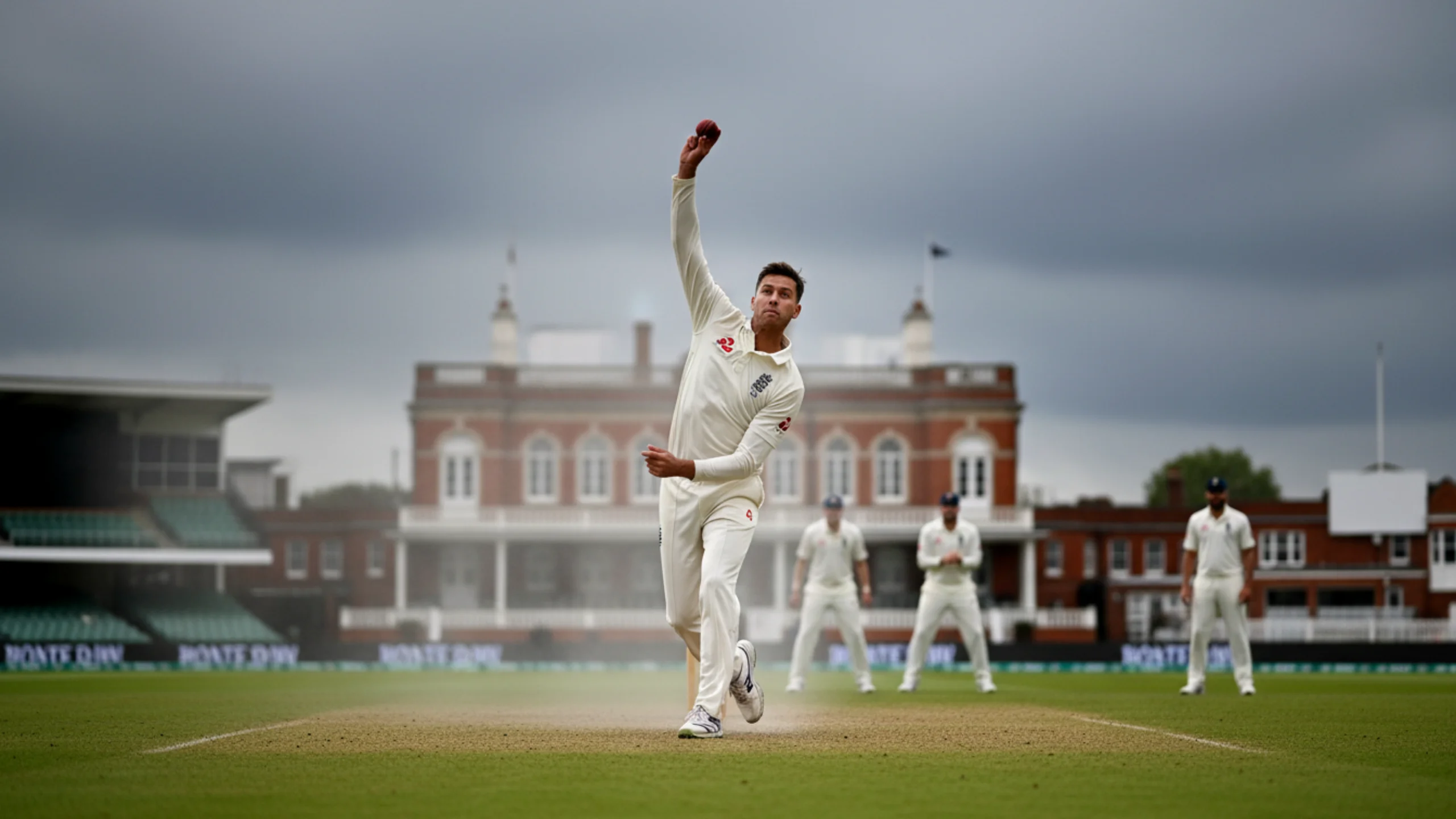 Swing bowler delivering ball under overcast humid English conditions showing perfect seam position