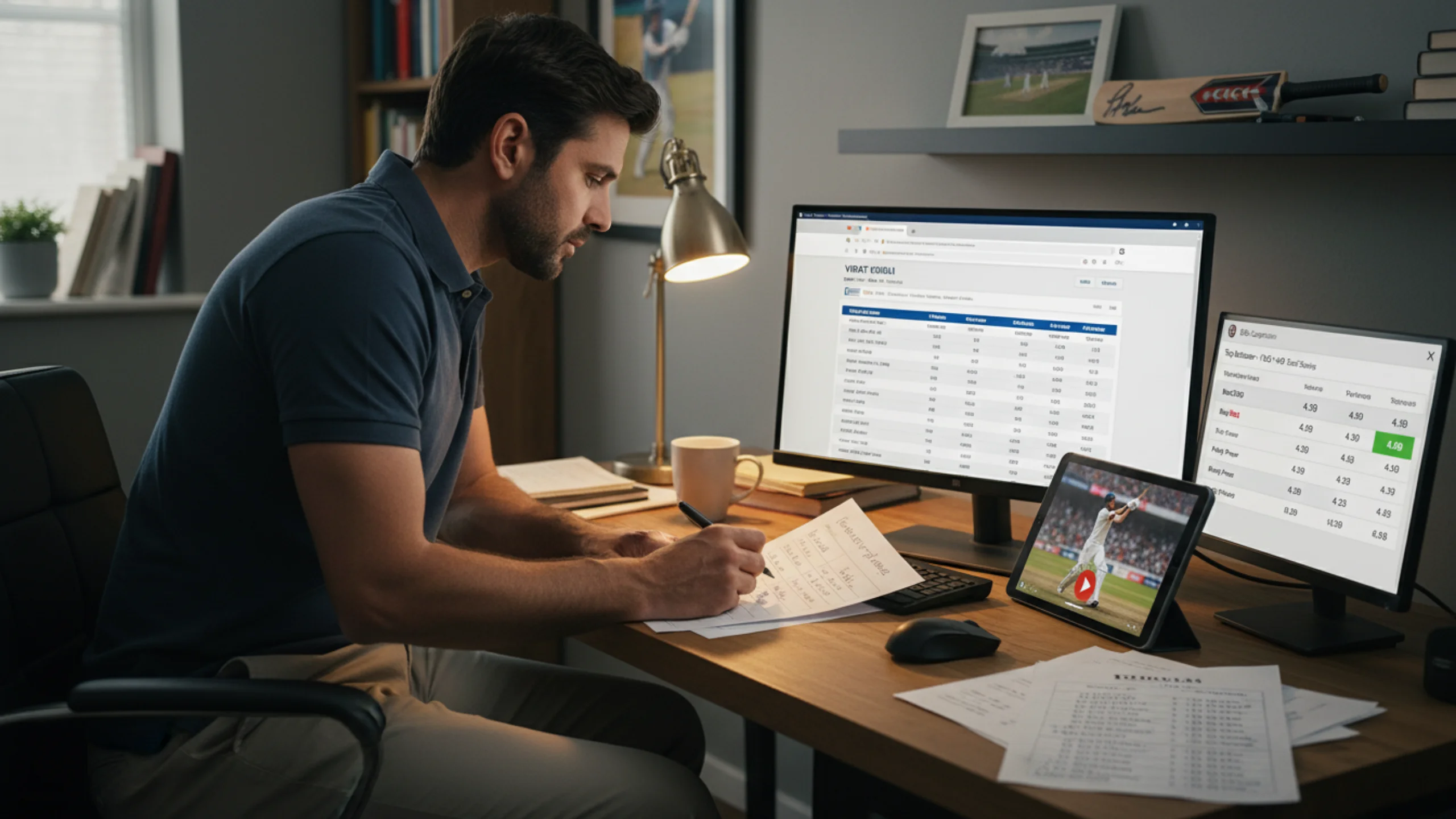 Intermediate bettor analyzing player statistics on multiple monitors with odds comparison and performance notes