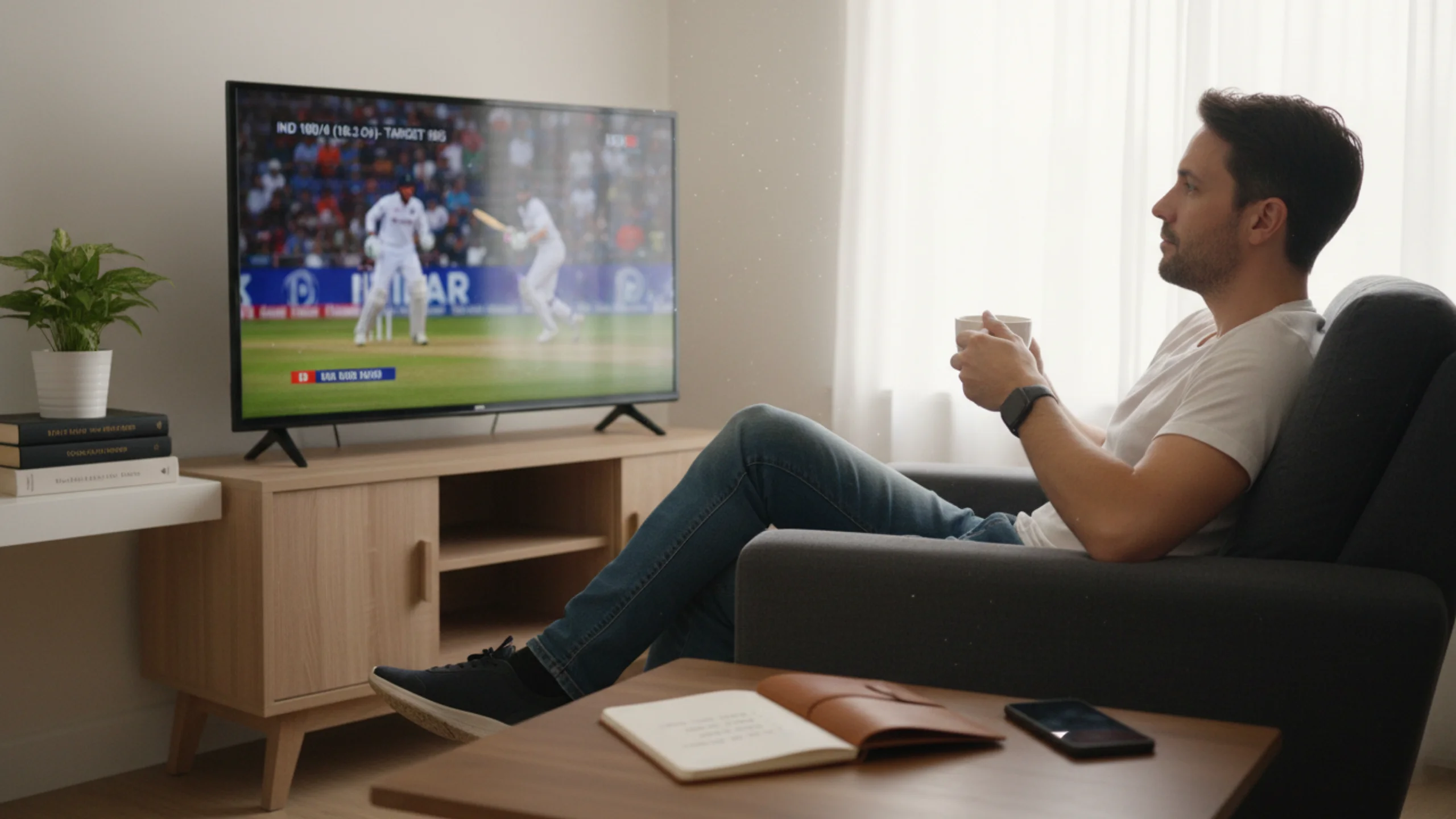 Disciplined bettor calmly watching cricket match with betting plan notebook and phone face-down on table