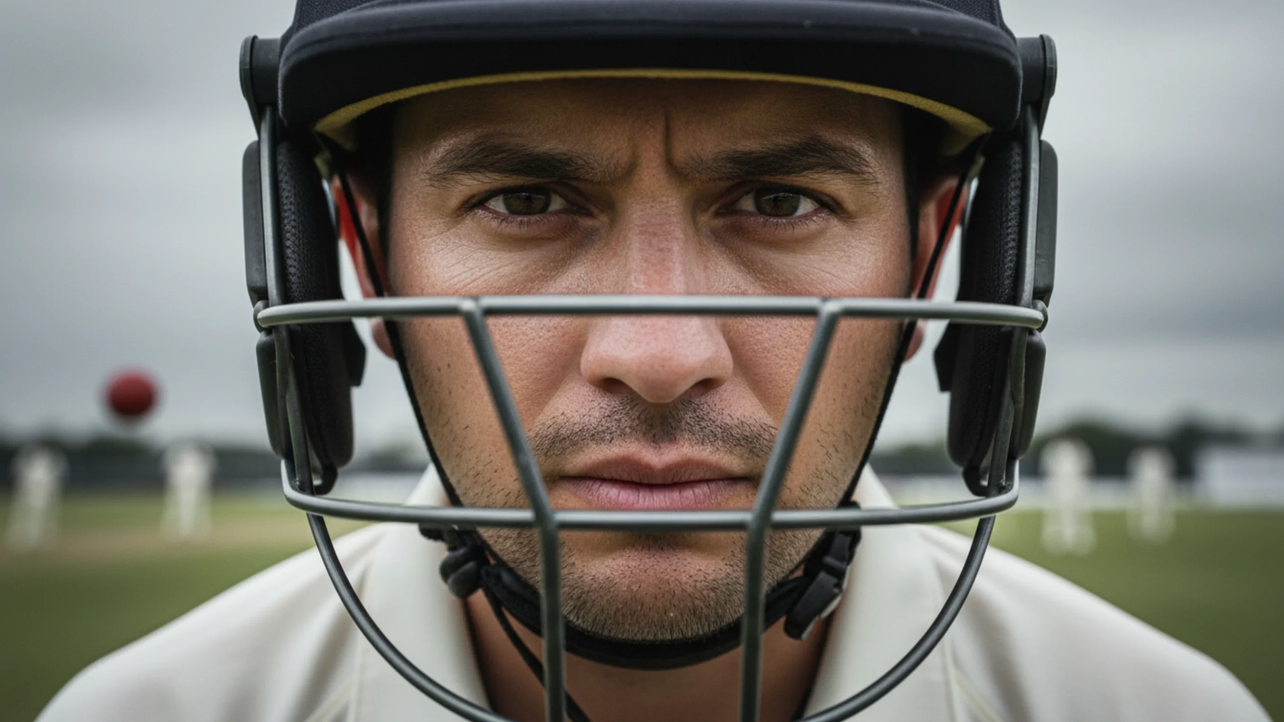 Close-up of batsman's focused eyes through helmet grille tracking ball under grey overcast sky