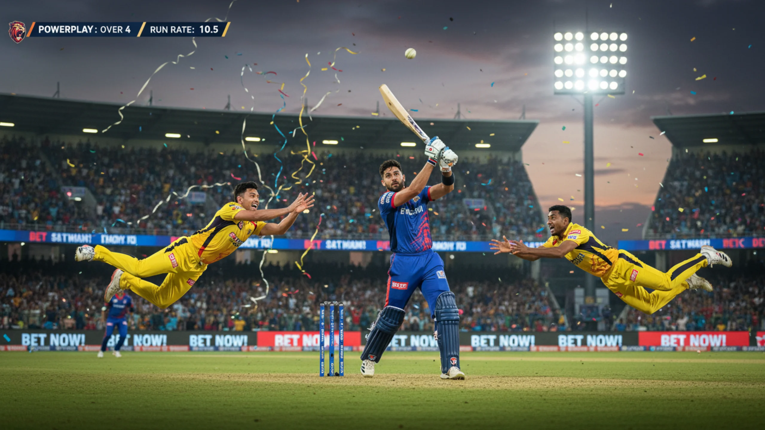 T20 cricket powerplay action with batsman hitting boundary shot and fielders diving during explosive gameplay