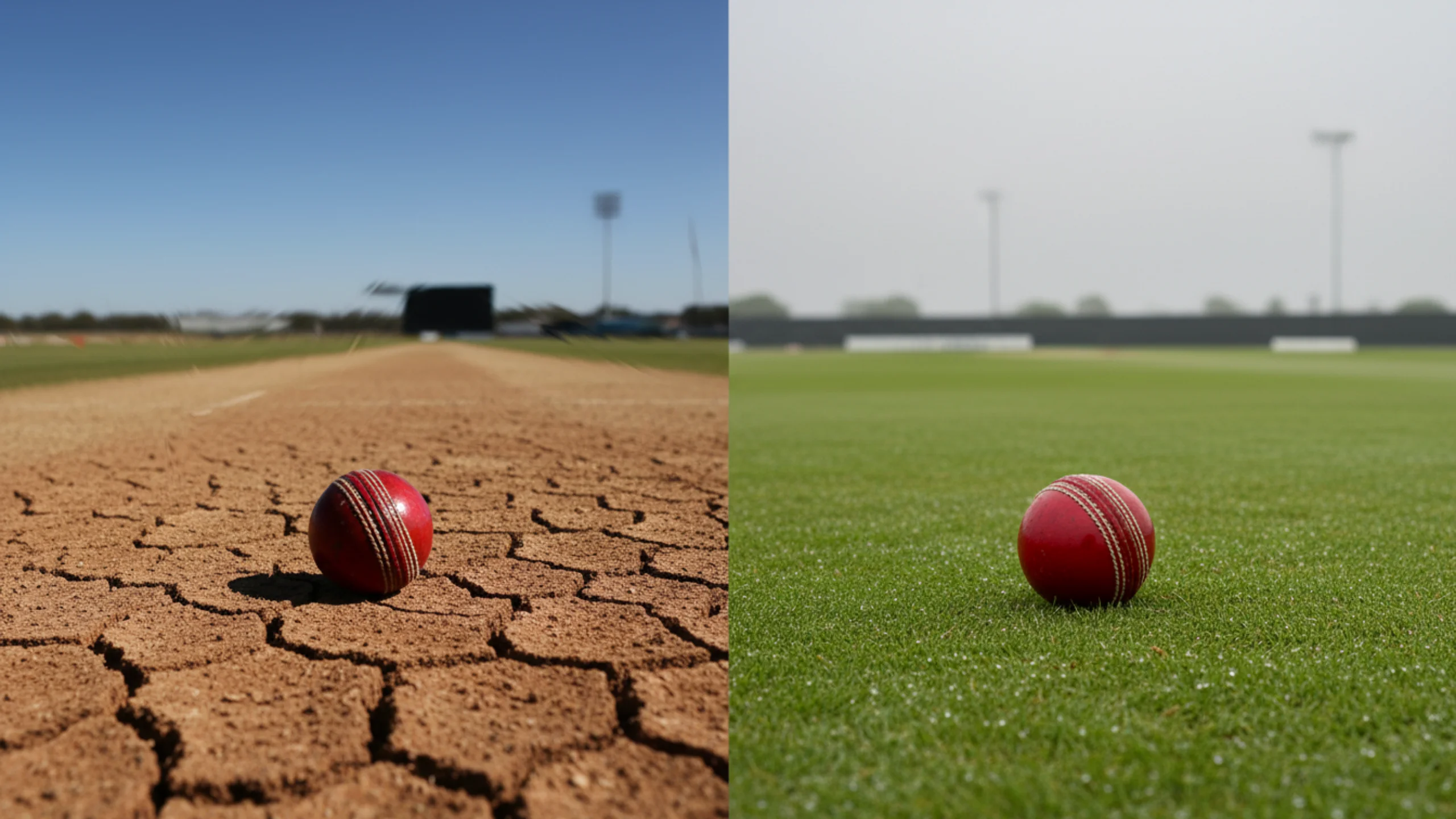 Split comparison of cracked dry hot weather pitch versus fresh green cool weather cricket pitch